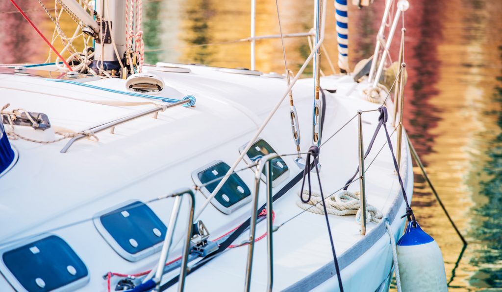 Modern Yacht in the Marina Closeup Photo.