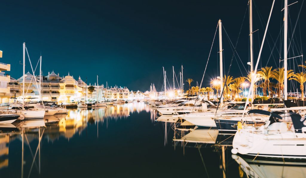 Night Scenery View Of Marina, Vessel In Puerto Marina, Spain