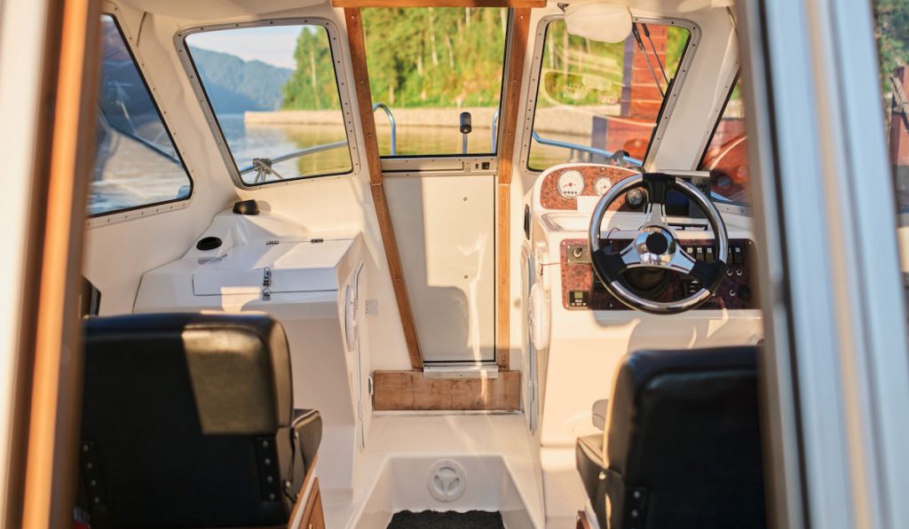 cleaned interior of a small transport motorboat. 